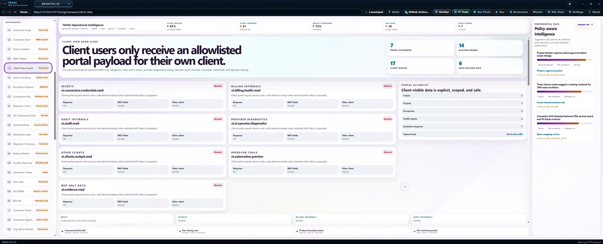 Client View Guard Operational Intelligence screen