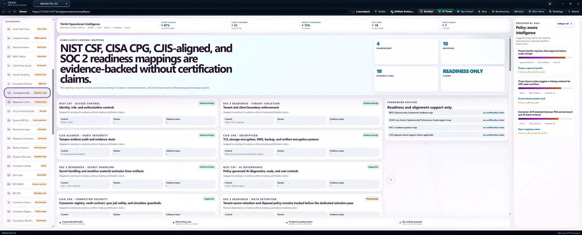 Compliance Matrix Operational Intelligence screen