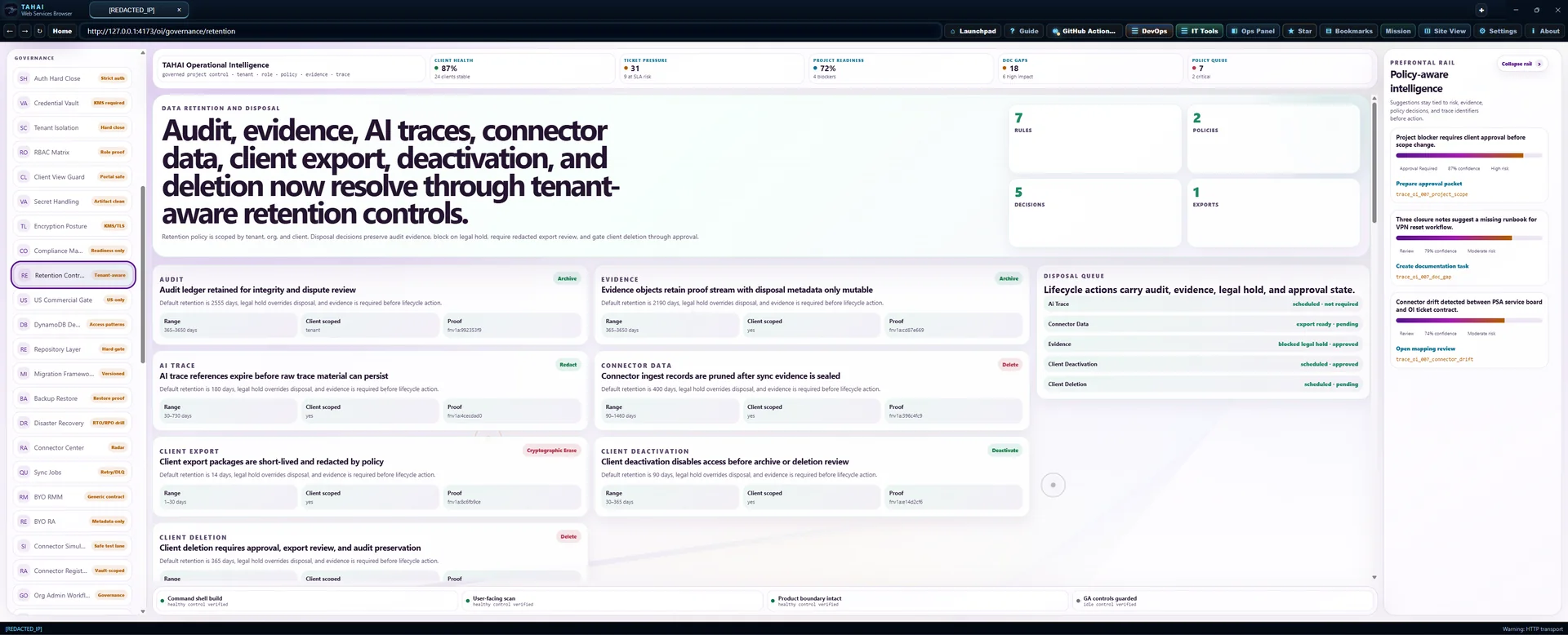 Retention Control Operational Intelligence screen